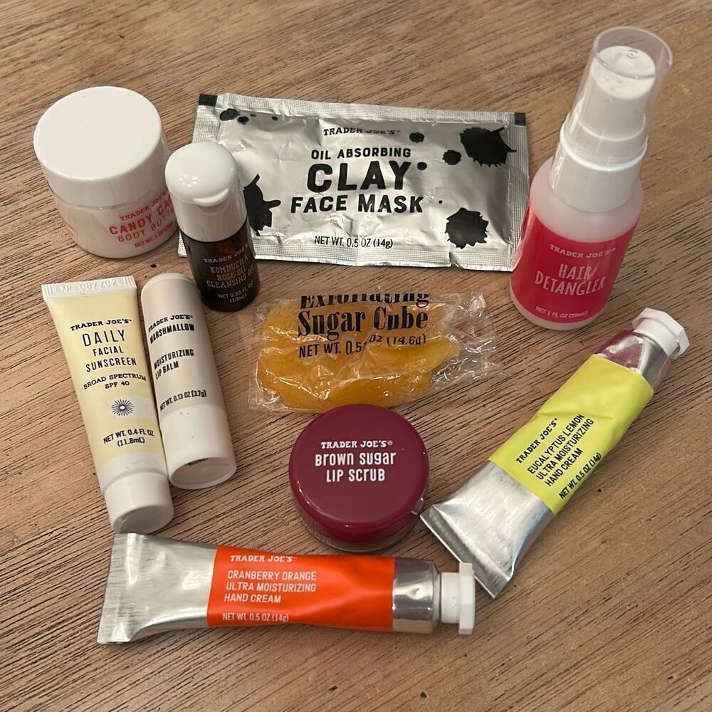 New Trader Joe's 10 piece beauty bundle mask handcream detangler kombucha Rose o
